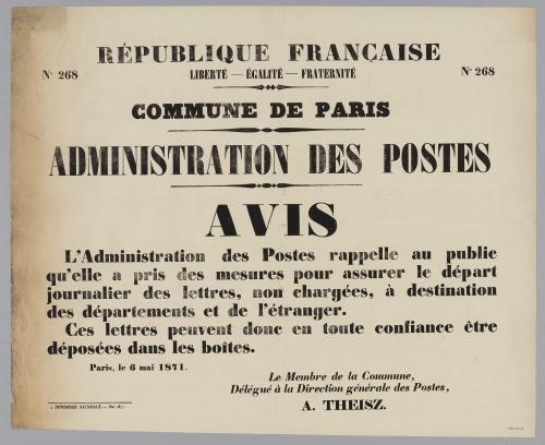 REPUBLIQUE FRANCAISE/ N° 268 LIBERTE- EGALITE- FRATERNITE N° 268/ COMMUNE  DE PARIS/ ADMINISTRATION DES POSTES/ AVIS | Paris Musées