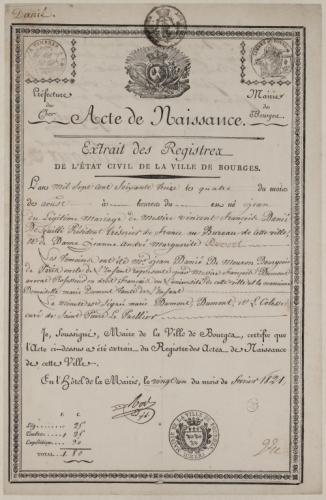 Extrait des registres de l'état civil de la ville de Bourges : Acte de  naissance de Jean Danié de Guilli, né le 4 août 1773. | Paris Musées