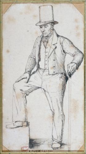 Portrait d'un homme coiffé d'un chapeau haut de forme et tenant à la main  une sorte de pique (?) | Paris Musées
