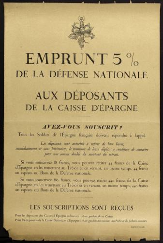 EMPRUNT 5%/ DE LA DEFENSE NATIONALE/ AUX DEPOSANTS/ DE LA CAISSE D'EPARGNE/  AVEZ-VOUS SOUSCRIT ? | Paris Musées