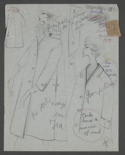 Figure féminine en manteau trapèze avec grande écharpe à carreaux, pour la  maison Mendès | Paris Musées