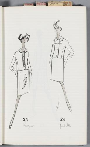 Deux figures en ensemble dont l'une avec jupe et veste / chemise et l'autre  avec jupe et veste boutonnée, col à revers, Amérique, Automne-Hiver  1965-1966, de la maison Jacques Heim | Paris