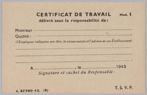 71 certificats de travail Mod. 1 - J. 37280-43. (8) - vierges | Paris Musées
