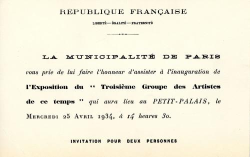 Carton d'invitation de l'exposition du 3e groupe des artistes de ce temps  (1934) | Paris Musées